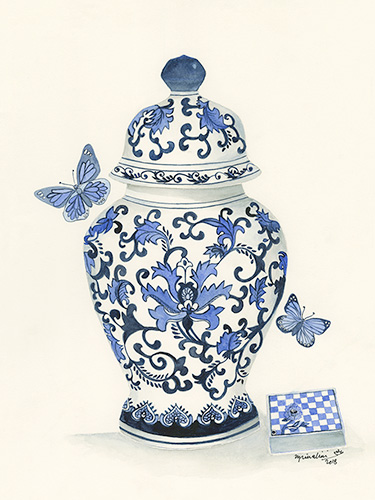 Blue and White Ginger Jar, with Butterflies and Box