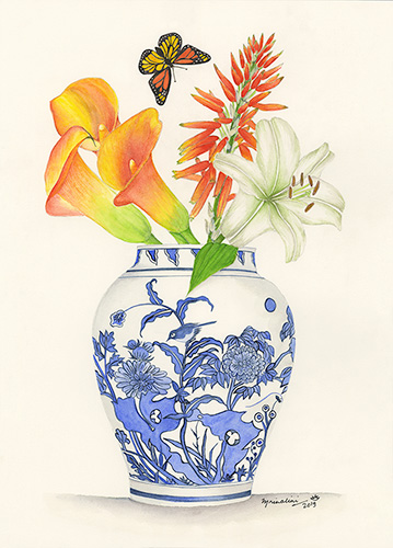 Blue and White Ginger Jar with Orange Calla Lilies and Aloe Vera Flower.