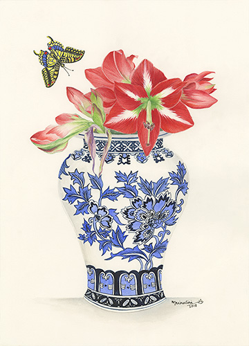 Blue and White Ginger Jar with Red Amaryllis.